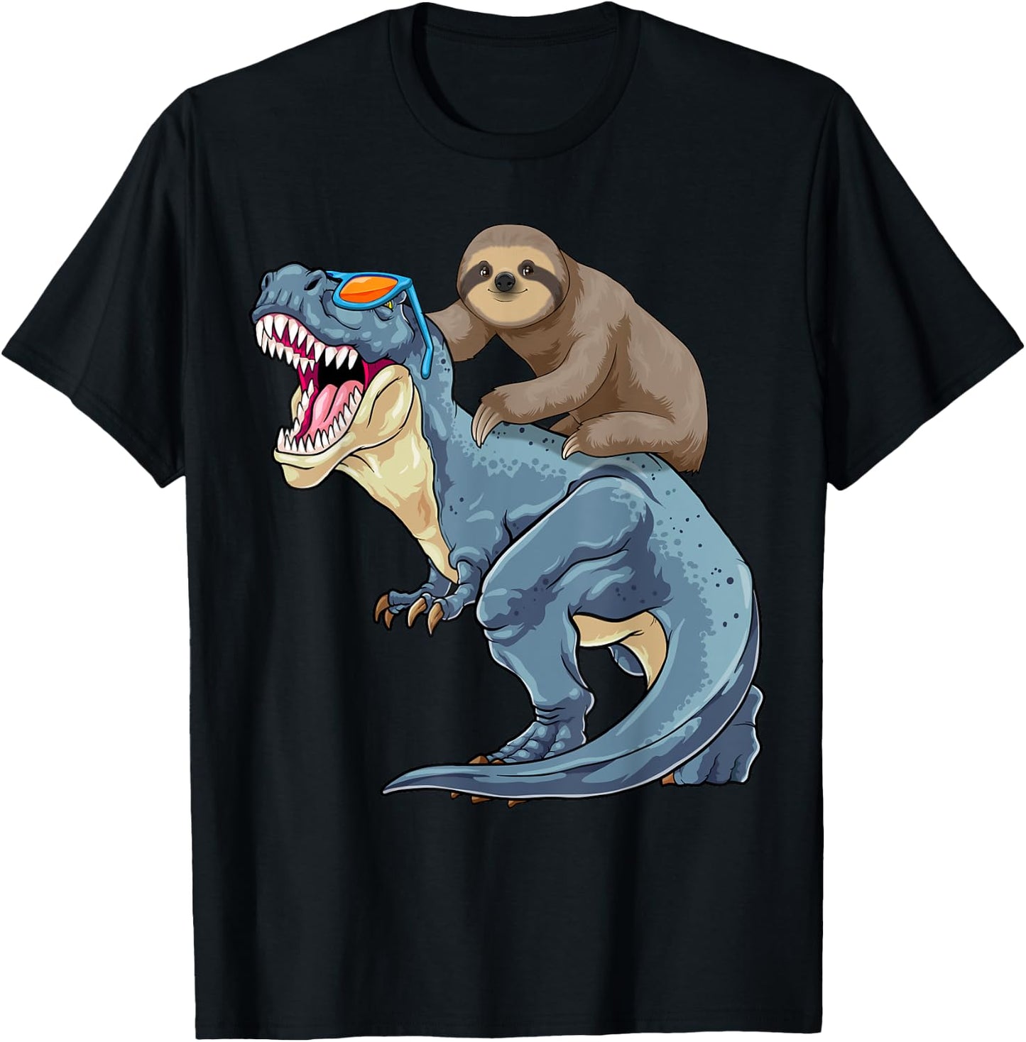 Sloth Riding Dinosaur T-Rex Funny Lazy Animal Dino Pun T-Shirt - T-Shirt | Black