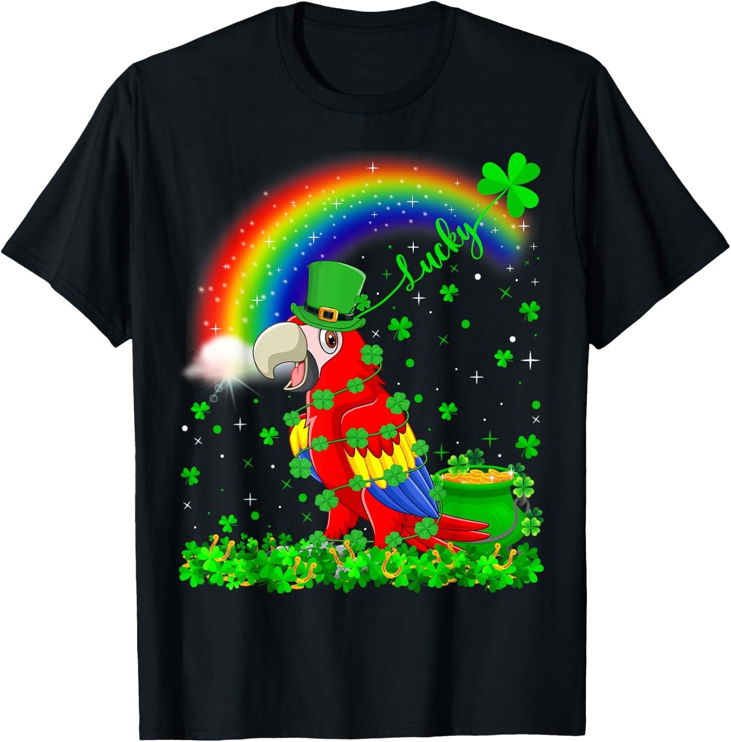 Rainbow Irish Shamrock Lucky Parrot Bird St. Patrick's Day T-Shirt - T-Shirt | Black