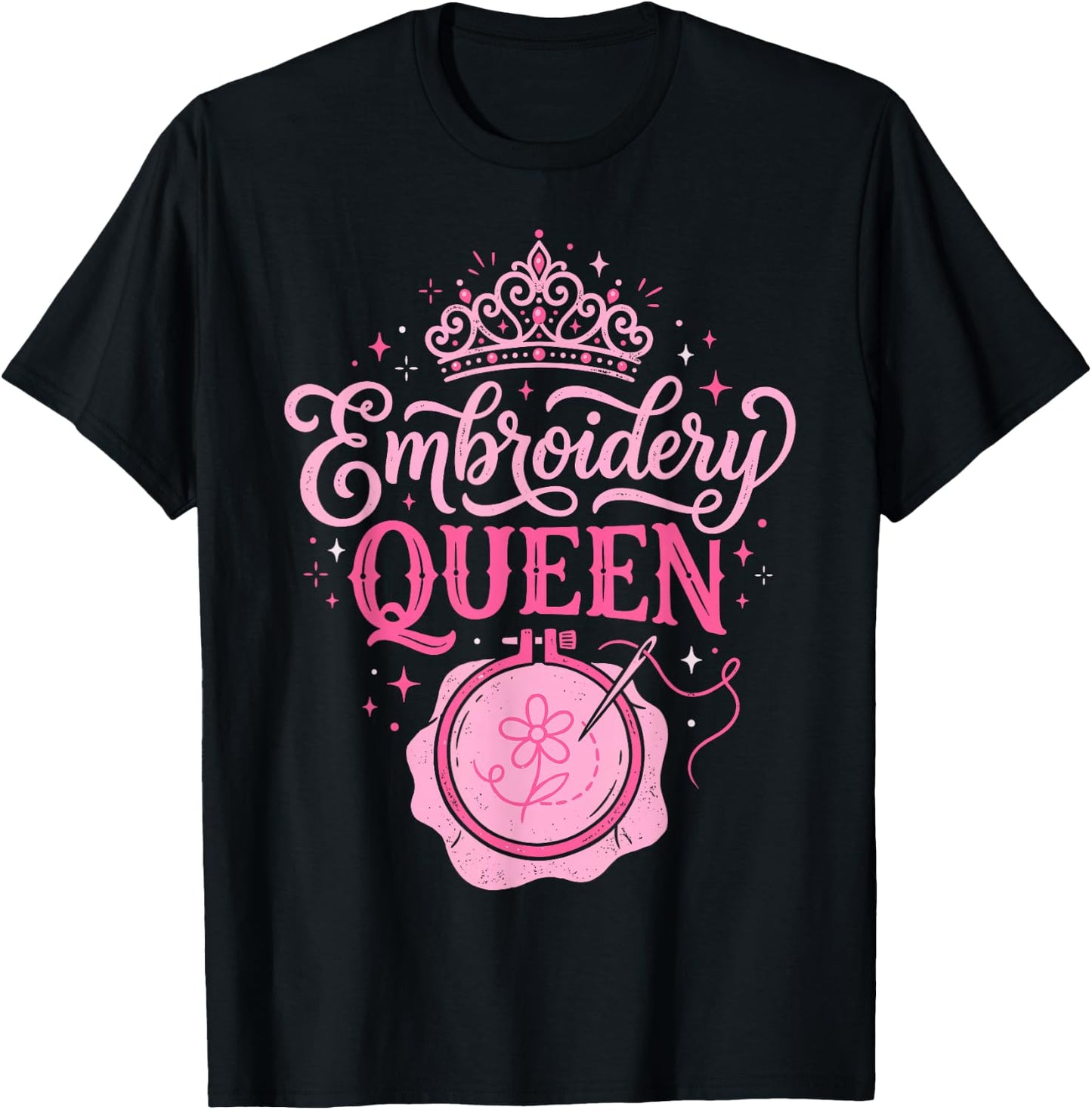 Embroidery Queen Pink Crown Hoop and Needle Aesthetic T-Shirt - T-Shirt | Black