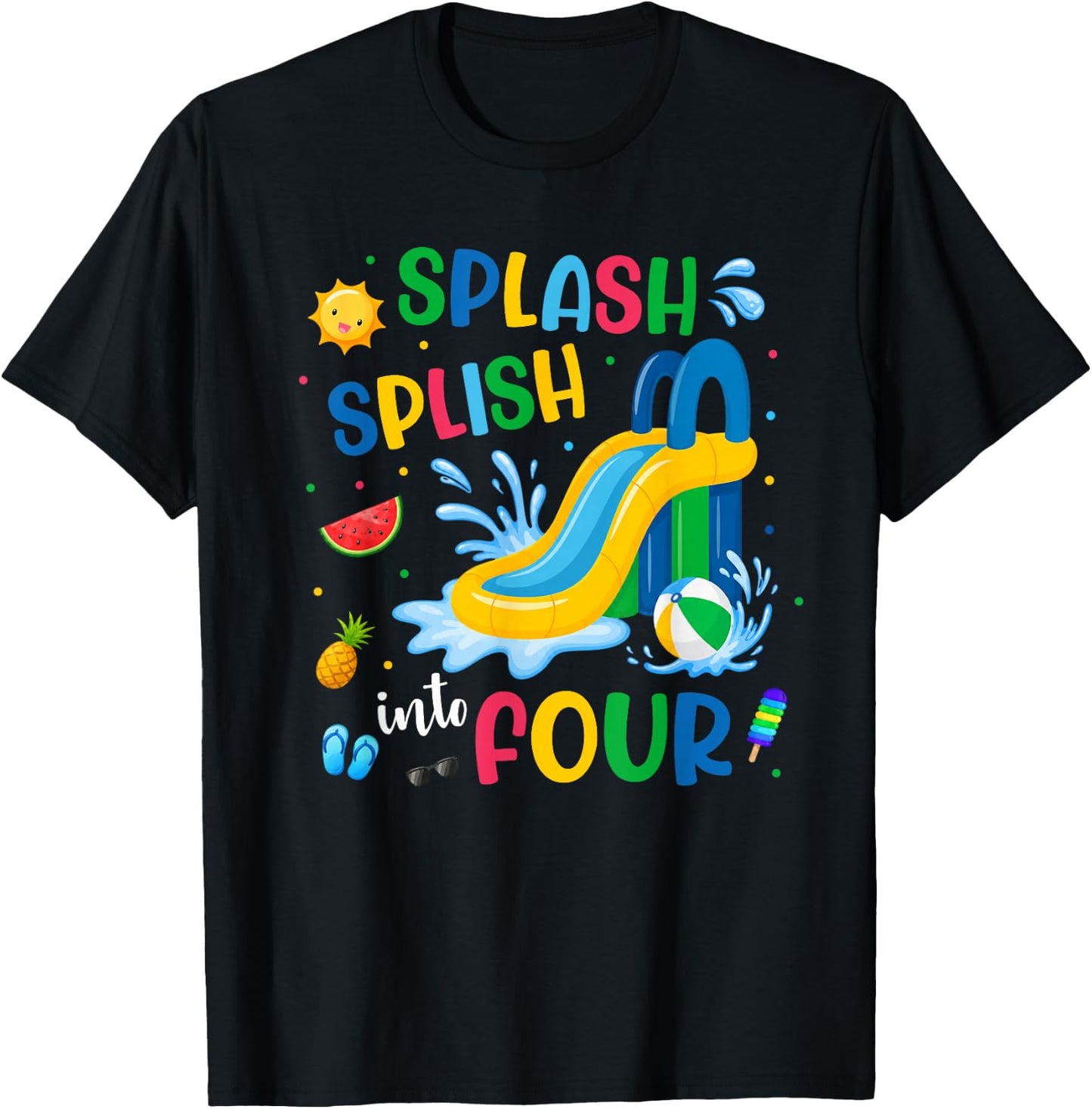Splash Into Four Year Old 4th Birthday Summer Pool Party T-Shirt - T-Shirt | Black