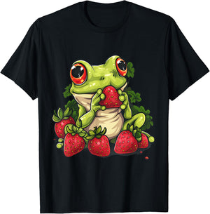 Strawberry Frog Strawberries Animal Print Wildlife Drawing T-Shirt - T-Shirt | Black