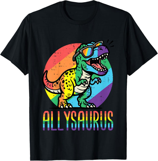 Kids Rainbow Dino Trex Allysaurus LGBTQ Gay Pride Ally Boys Kids T-Shirt - T-Shirt | Black