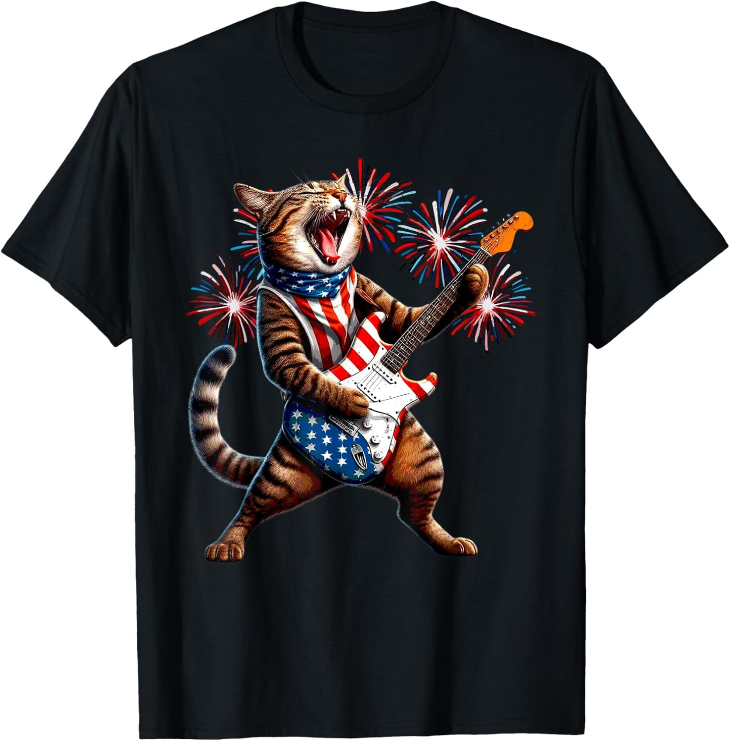 Cat Playing Guitar American Flag 4th Of July Patriotic Women Kids T-Shirt - T-Shirt | Black