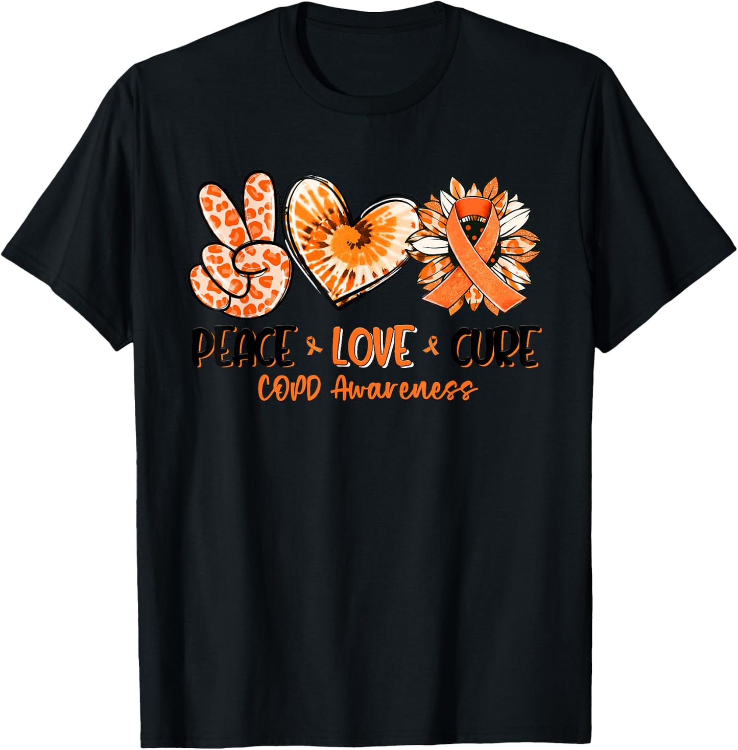Peace Love Cure Sunflower Leopard COPD Awareness Gifts T-Shirt - T-Shirt | Black