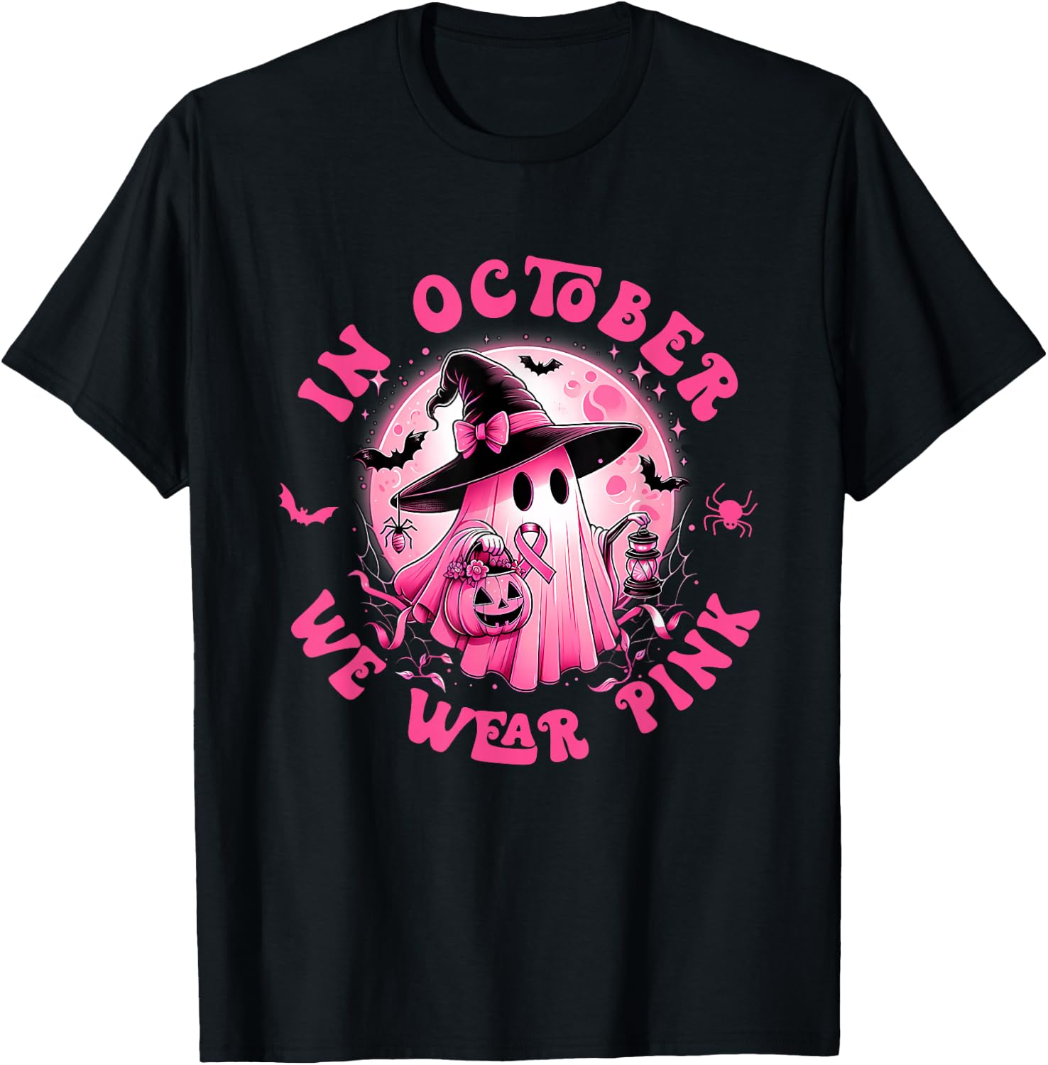 In October We Wear Pink Ghost Witch Breast Cancer Awareness T-Shirt - T-Shirt | Black