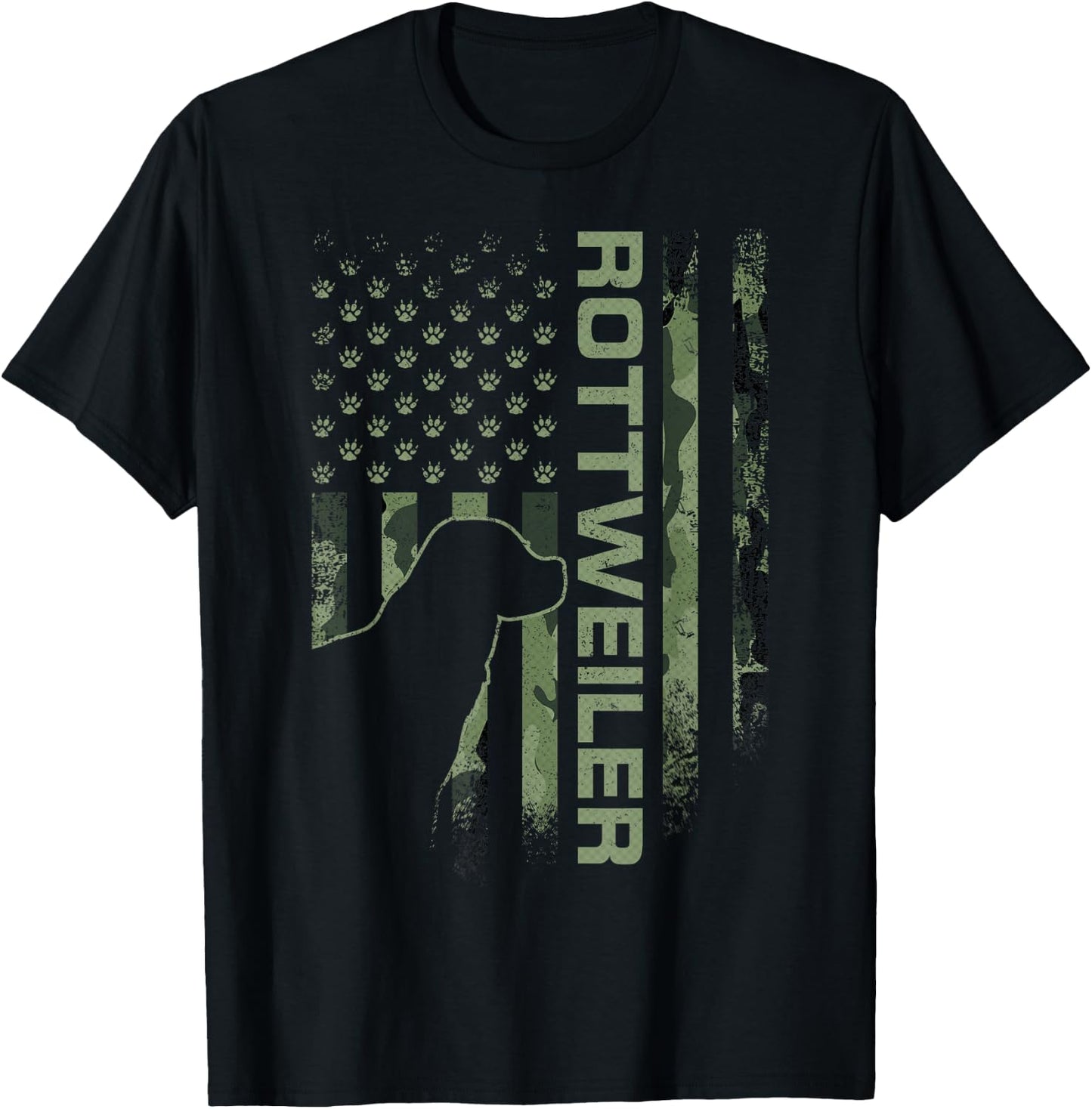 Vintage USA American Camo Flag Rottweiler Rottie Silhouette T-Shirt - T-Shirt | Black