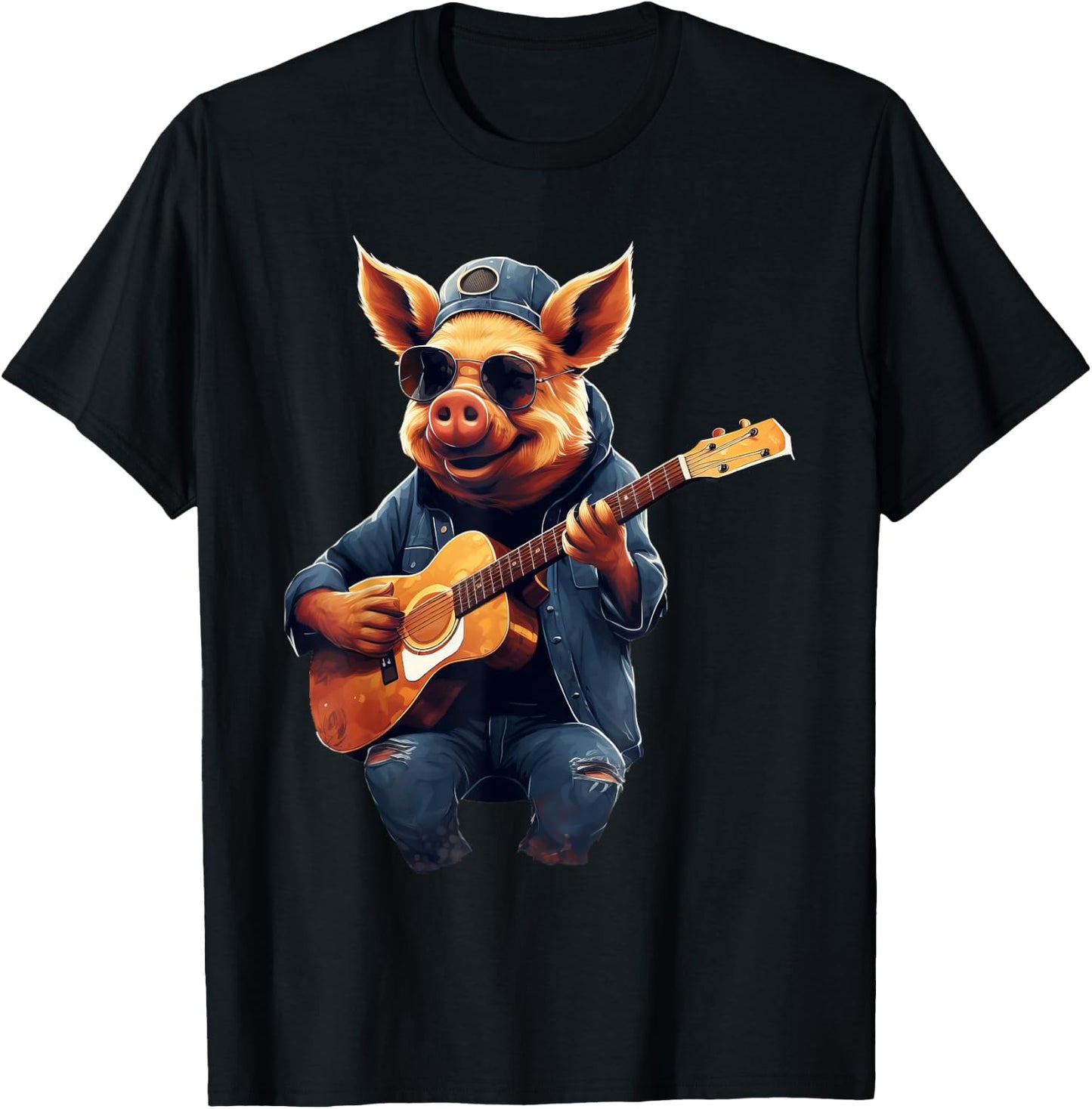 Cute Pig Playing Guitar Pigs Musician Music T-Shirt - T-Shirt | Black