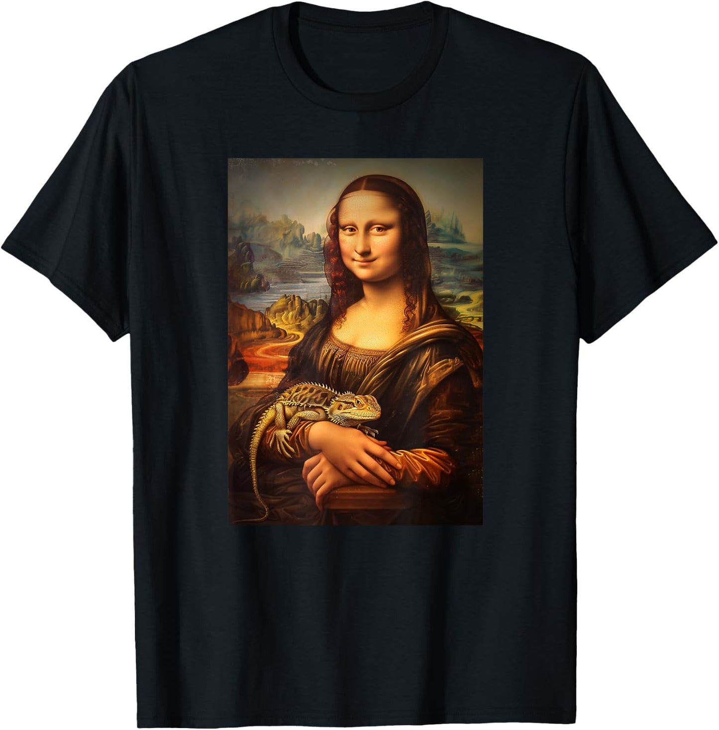 Bearded Dragon Mona Lisa Painting Art Mom Dad T-Shirt - T-Shirt | Black