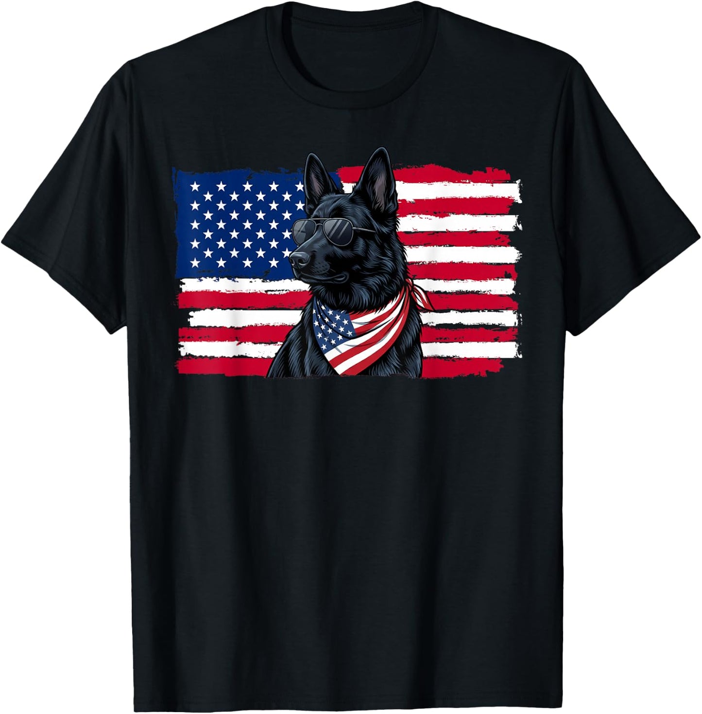 Black German Shepherd American Flag 4th July German Shepherd T-Shirt - T-Shirt | Black