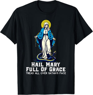 Hail Mary Tread On Our Lady Stomping Snake Marian Catholic T-Shirt - T-Shirt | Black