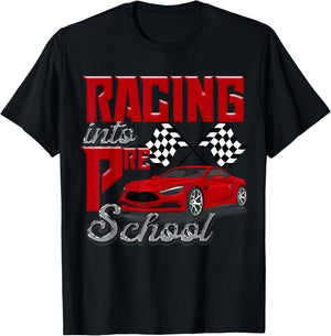 Racing Into Preschool Race Car School Kids Checker Flag Boys T-Shirt - T-Shirt | Black
