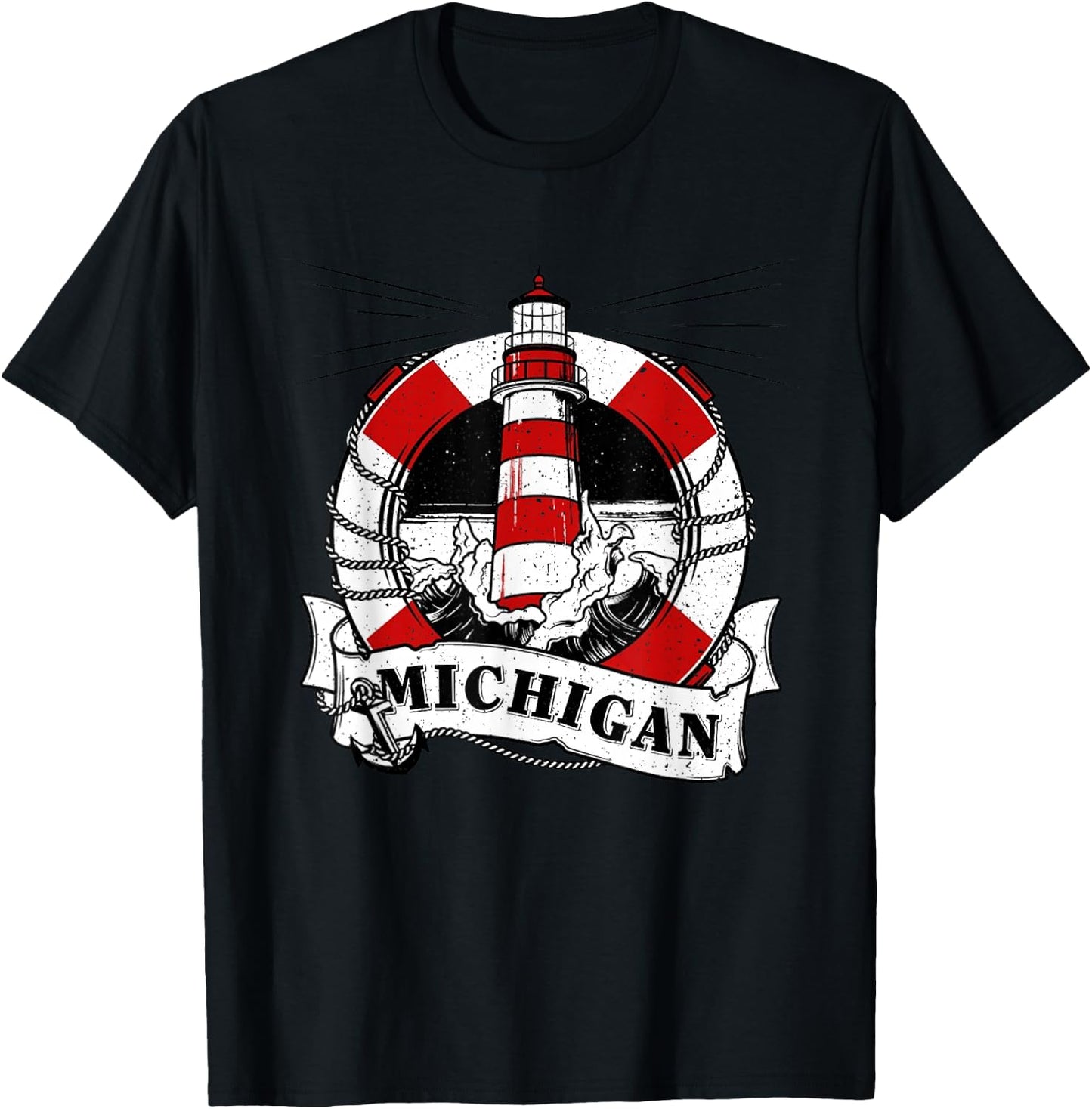 Vintage Michigan Great Lakes Lighthouse Travel Souvenir T-Shirt - T-Shirt | Black