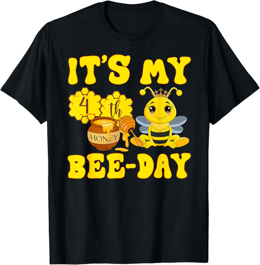 Birthday Party Girl 4 Years Old It's My 4th Bee Day T-Shirt - T-Shirt | Black