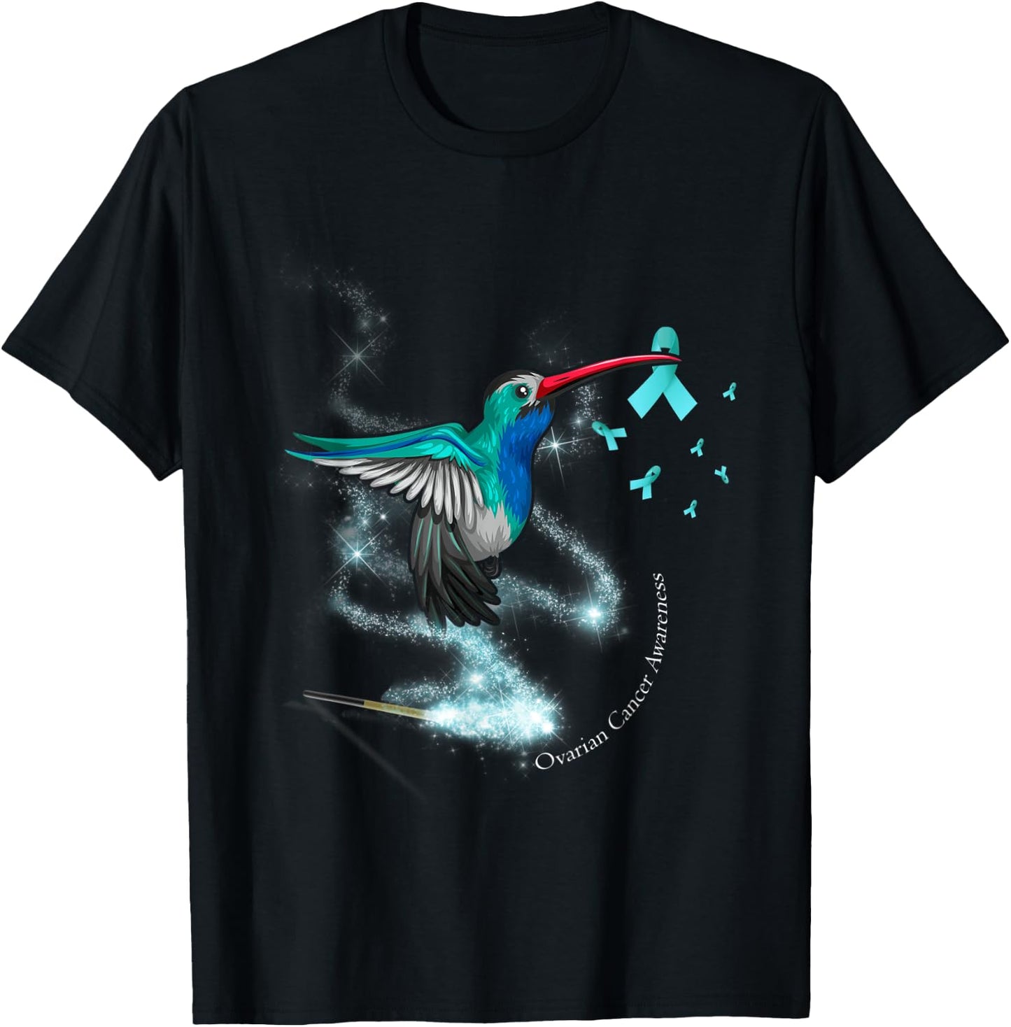 Hummingbird Holding Teal Ribbon Ovarian Cancer Awareness T-Shirt - T-Shirt | Black