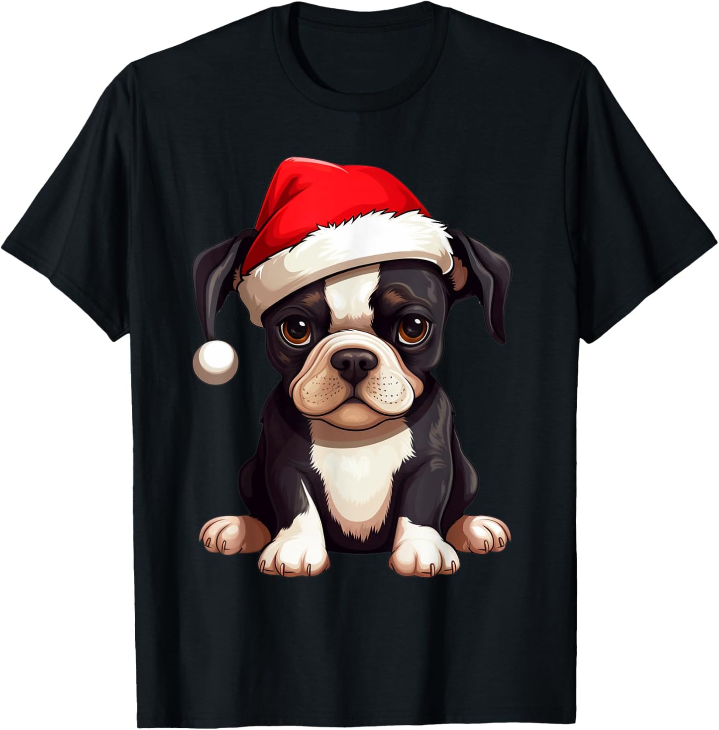 Christmas Boston Terrier Dog Santa Hat Funny Xmas Kids T-Shirt - T-Shirt | Black
