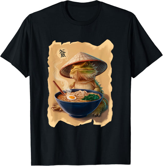 Men Woman Kawaii Eating Ramen Japanese Bearded Dragon T-Shirt - T-Shirt | Black