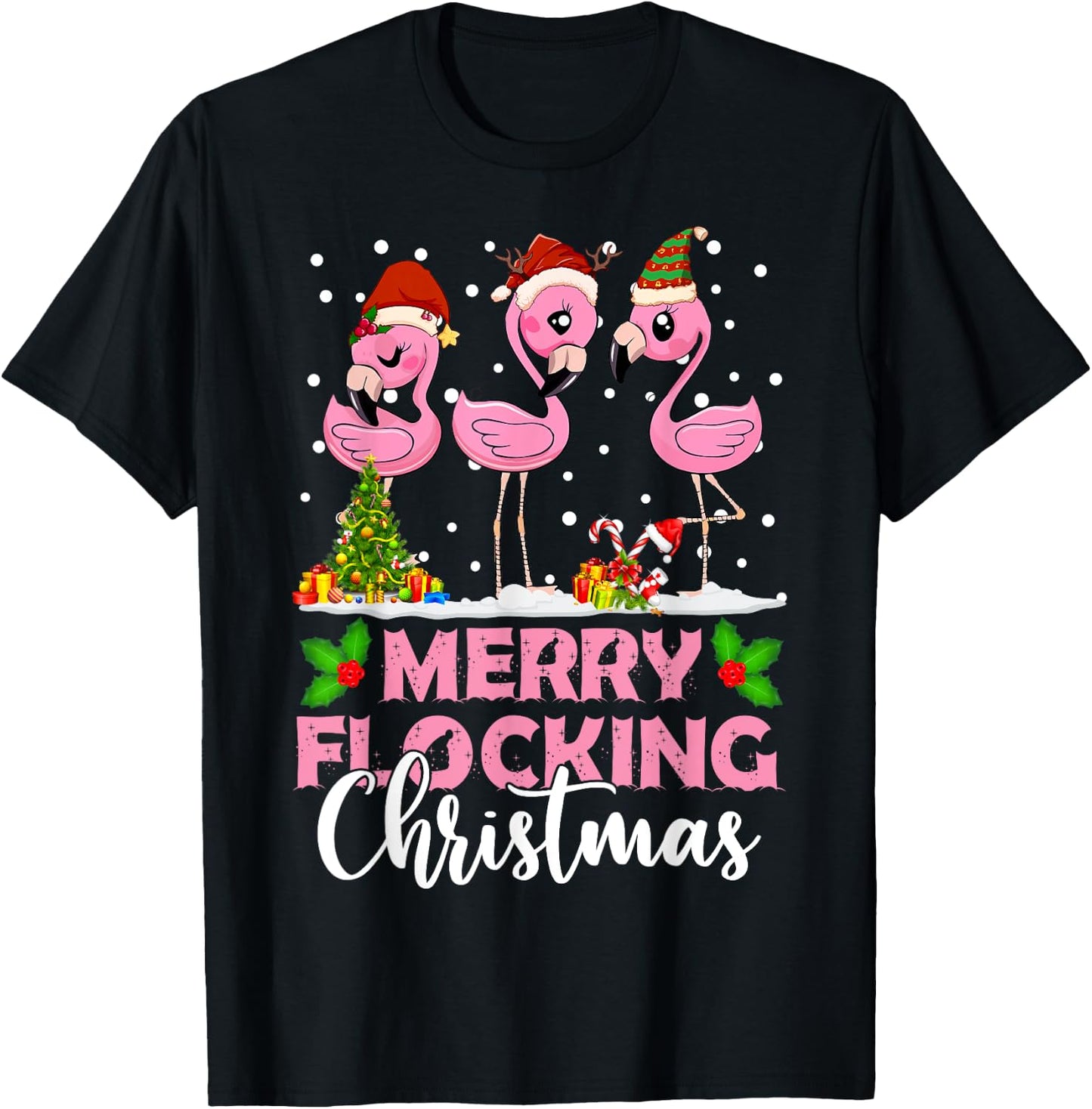 Merry Flocking Christmas Funny Pink Flamingo Santa Hat T-Shirt - T-Shirt | Black