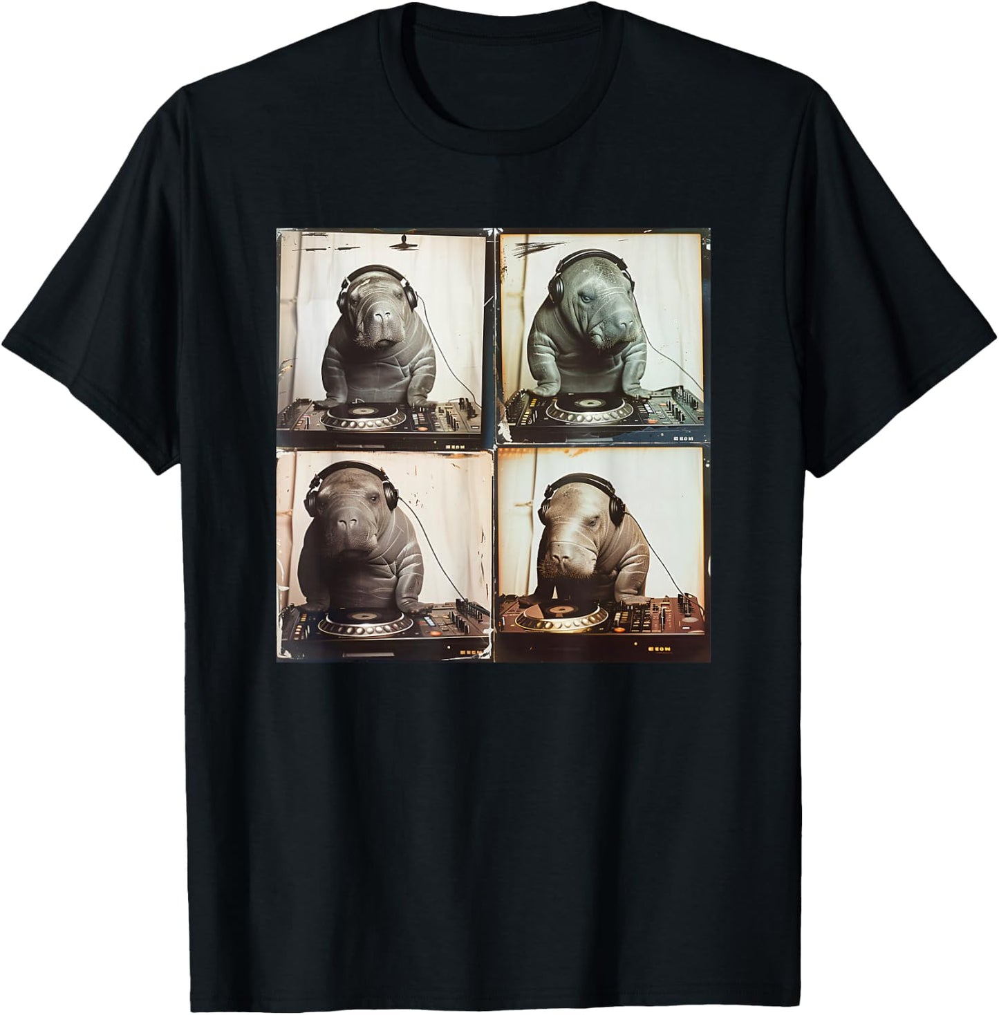 EDM DJ Manatee On Decks Vinyl Turntable Funny Manatee T-Shirt - T-Shirt | Black