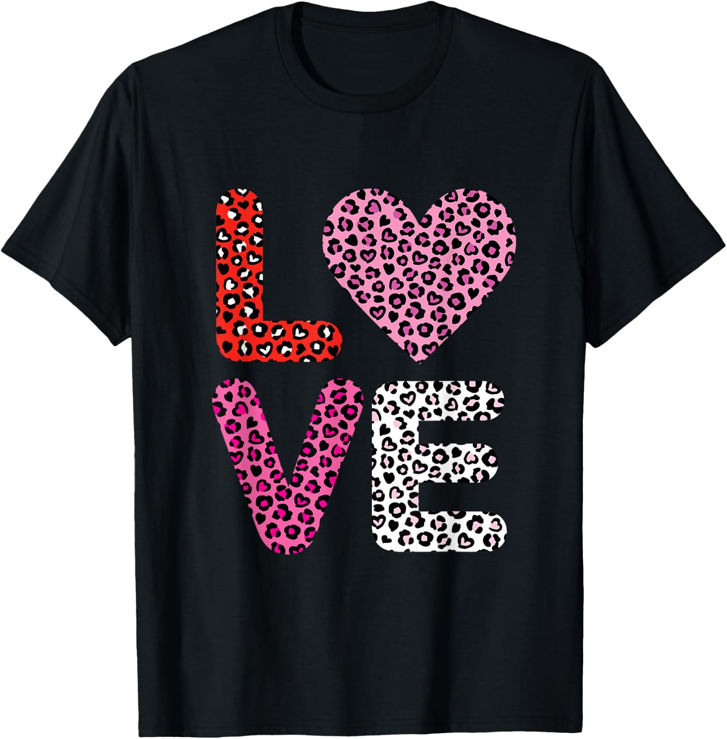 Love Heart Cute Valentine's Day Leopard Cheetah Print T-Shirt - T-Shirt | Black