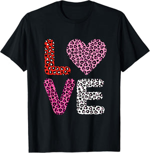 Love Heart Cute Valentine's Day Leopard Cheetah Print T-Shirt - T-Shirt | Black