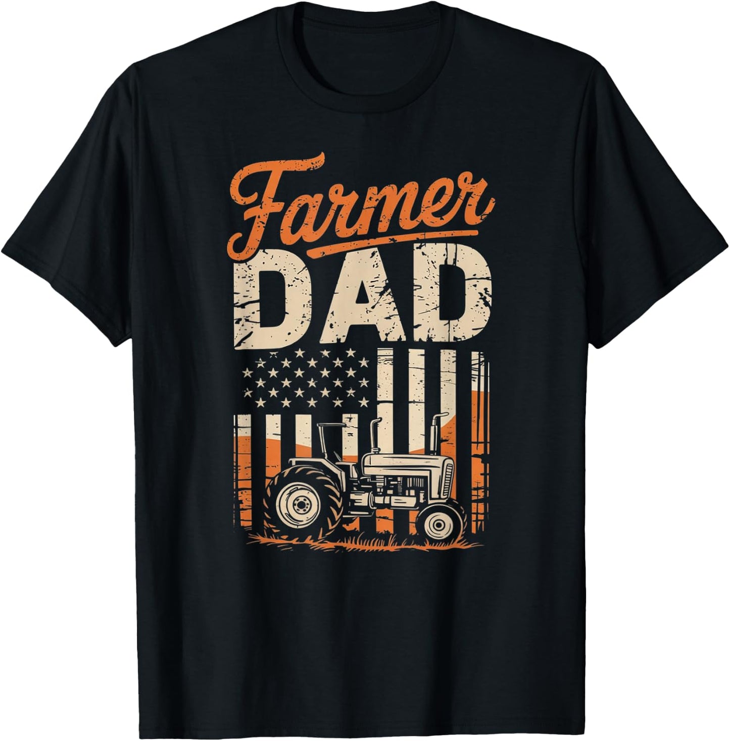 Farmer Dad Tractor and American Flag Fathers Farming T-Shirt - T-Shirt | Black