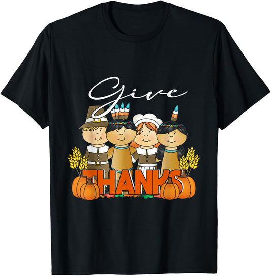 Thanksgiving Pilgrim Indian Give Thanks Pumpkin T-Shirt - T-Shirt | Black