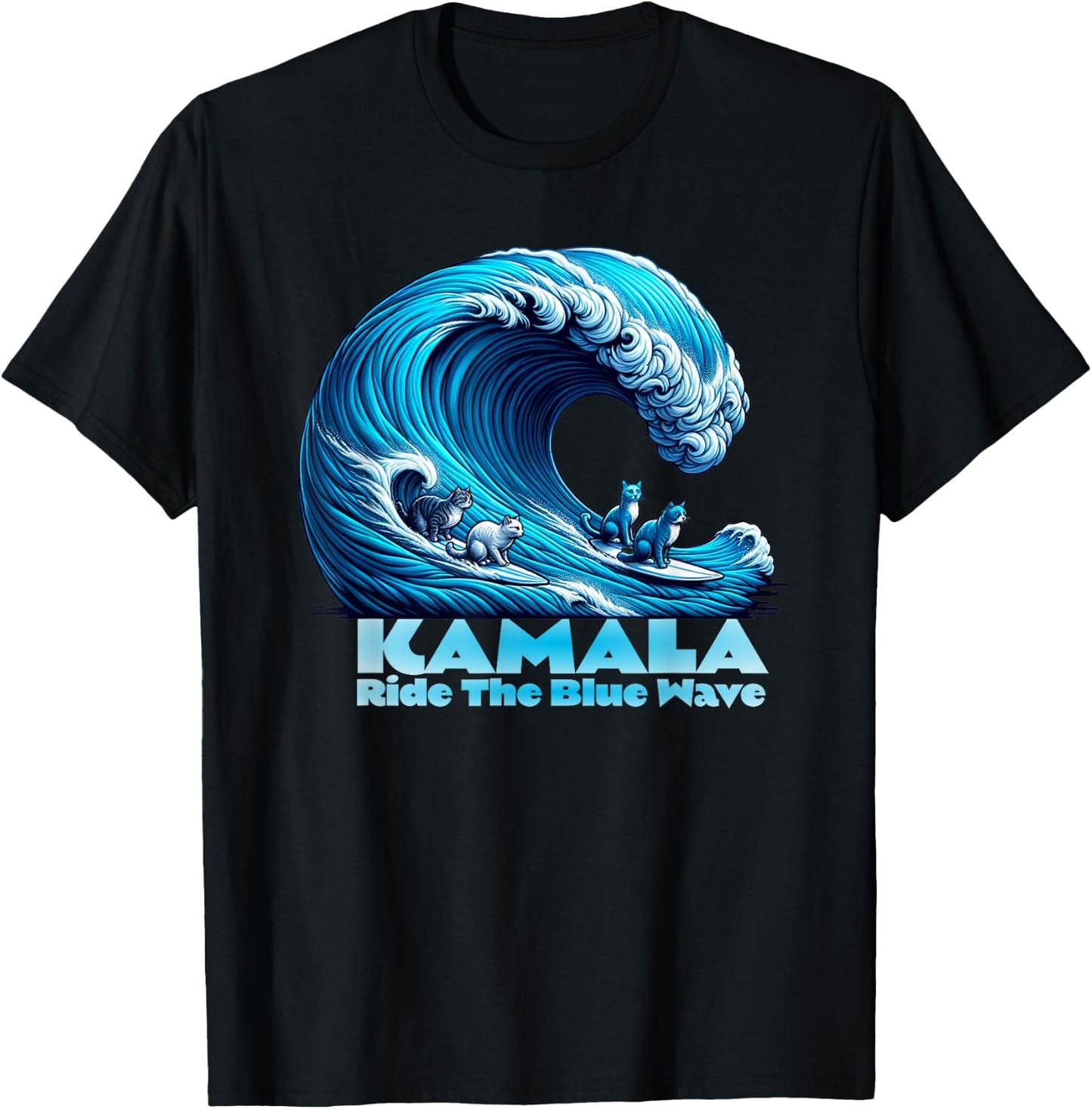 Kamala Harris for President, Blue Wave Surfing Cats 2024 T-Shirt - T-Shirt | Black