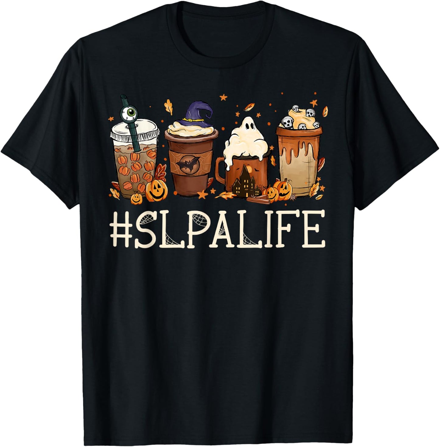 SLPA Horror Fall Coffee Spooky Halloween Pumpkin Autumn T-Shirt - T-Shirt | Black