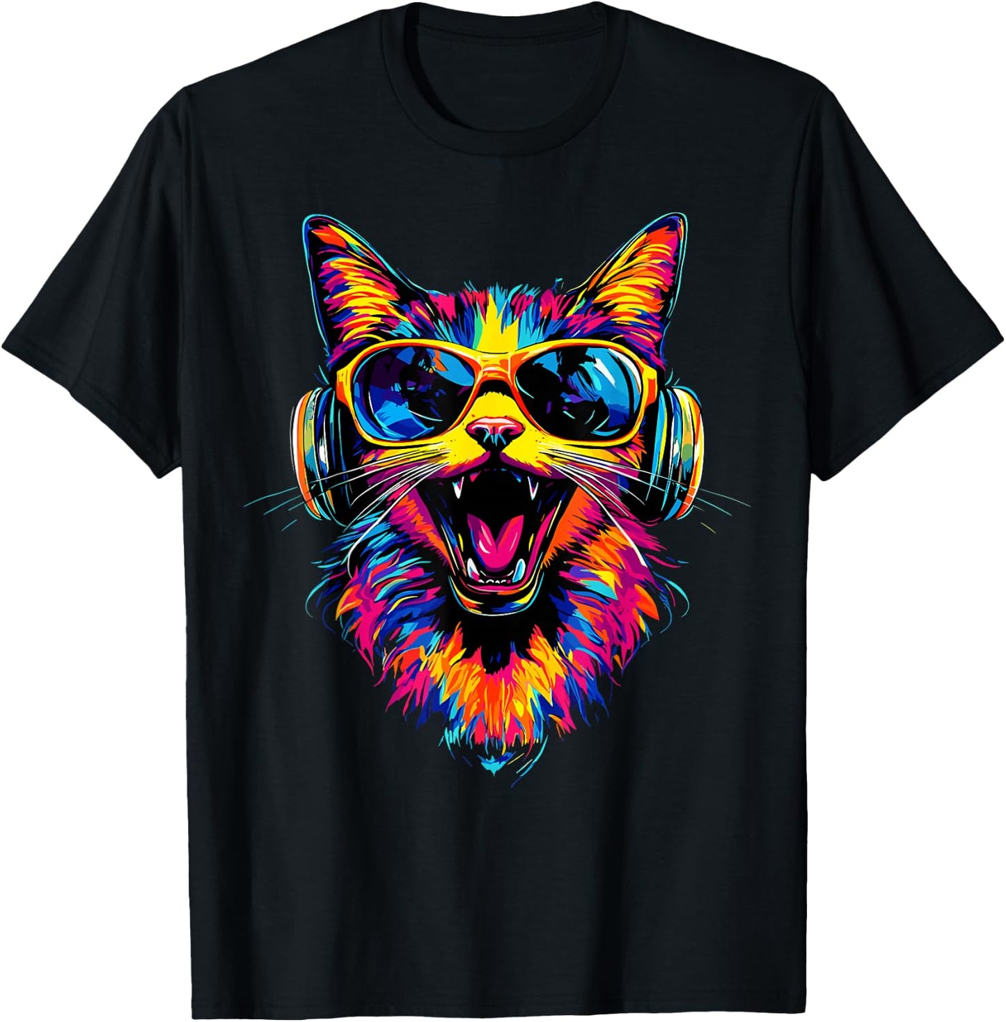 Cat Sunglasses Helmet Colorful Rainbow Cats , Black, S T-Shirt - T-Shirt | Black