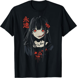 Anime Horror Girl Aesthetic Soft Grunge Waifu Japanese Girl T-Shirt - T-Shirt | Black