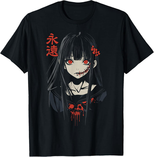 Anime Horror Girl Aesthetic Soft Grunge Waifu Japanese Girl T-Shirt - T-Shirt | Black