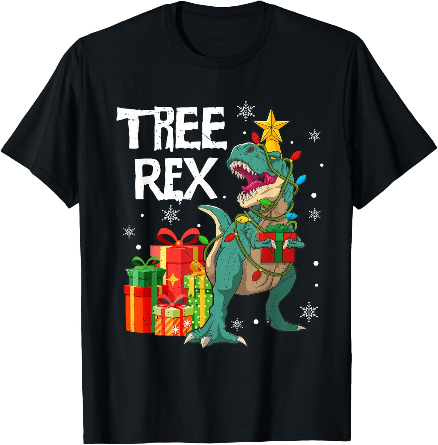 Dinosaur T Rex Christmas Tree Lights Pajamas Men Boys Kids T-Shirt - T-Shirt | Black