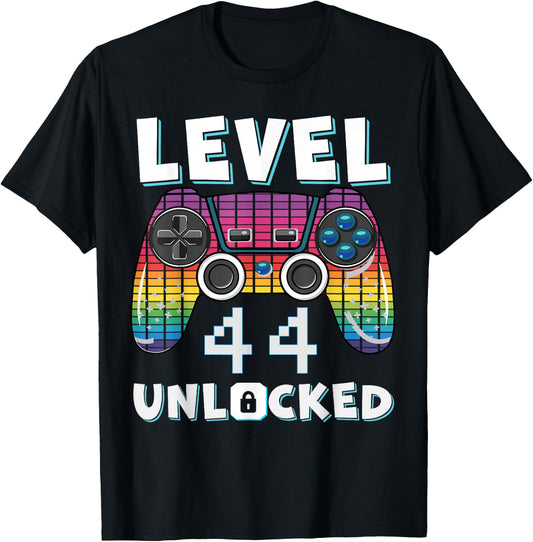 Level 44 Unlocked Funny Video Gamer 44th Birthday Gaming T-Shirt - T-Shirt | Black