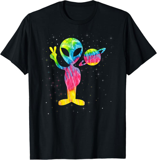 Vintage 1970s Tie Dye Groovy Alien Peace Retro T-Shirt - T-Shirt | Black