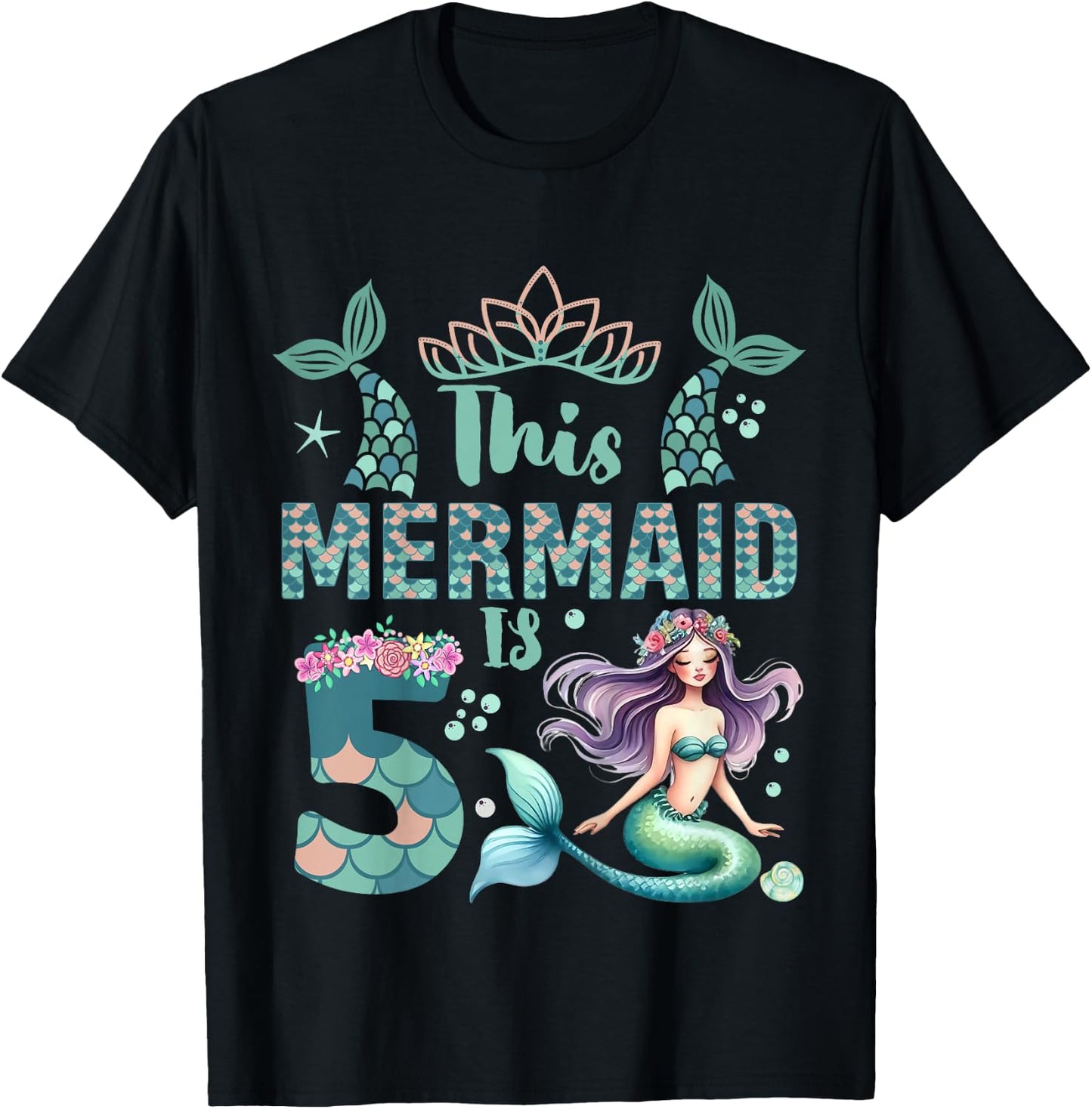 Girls 5th Birthday: This Mermaid Is 5 Years Old Costume T-Shirt - T-Shirt | Black