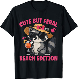 Cute But Feral Beach Edition Raccoon T-Shirt - T-Shirt | Black
