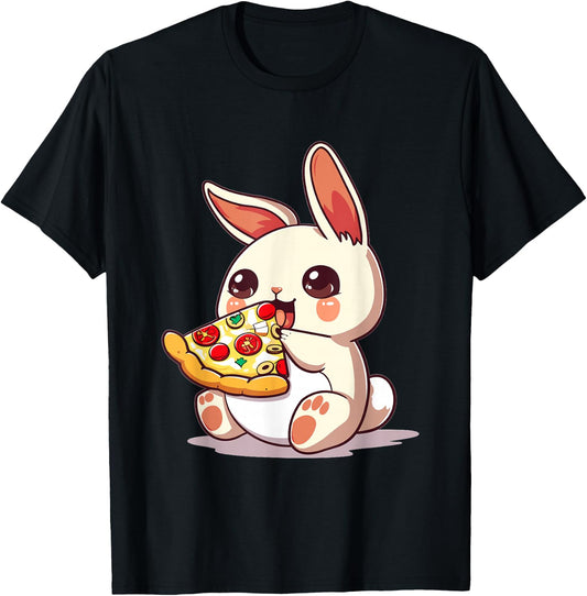 Funny Bunny Rabbit eating Pizza Graphic T-Shirt - T-Shirt | Black