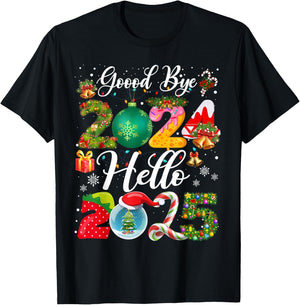 Christmas and New Year Family Matching Outfit Goodbye 2024 Hello 2025 Happy New Year's Eve Christmas Xmas - Black, -Adults & Kids, Short Sleeve, Small, Classic Fit, Cotton Blend T-Shirt - T-Shirt | Black