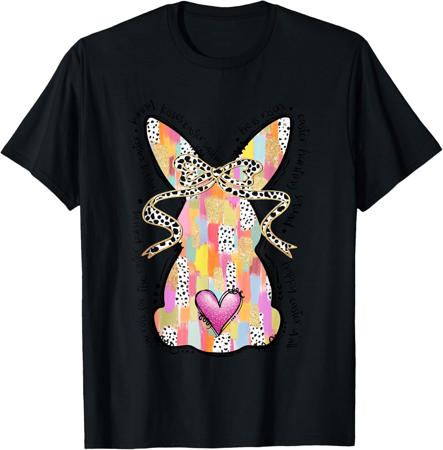 Happy Easter Bunny Coquette Bow Brushstroke Easter Girl Kids T-Shirt - T-Shirt | Black