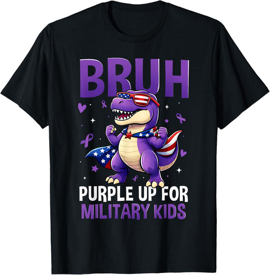 Bruh Purple Up for Military Kids Military Child Dinosaur T-Shirt - T-Shirt | Black