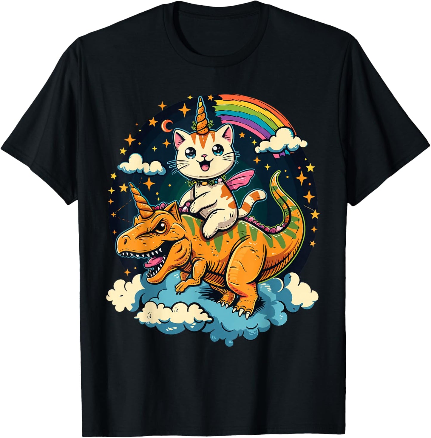 Cat Riding Dinosaur Kitten Lover Space Galaxy T-Shirt - T-Shirt | Black