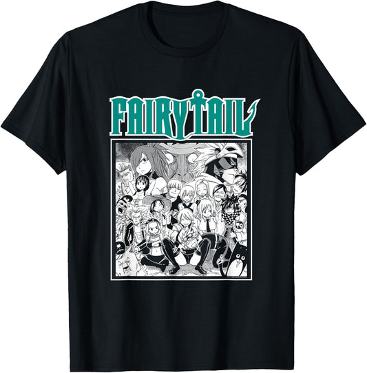 Fairy Tail Manga Black and White Group Shot T-Shirt - T-Shirt | Black