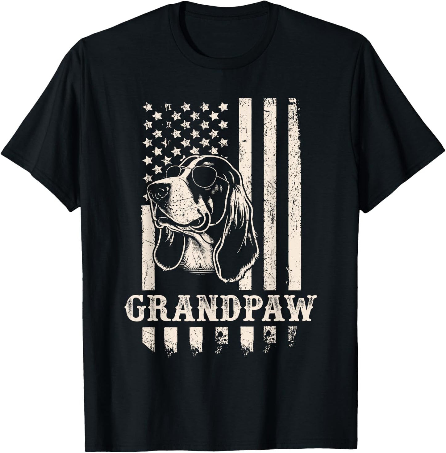 Grandpaw Basset Hound American Flag Sunglasses Retro Grandpa T-Shirt - T-Shirt | Black