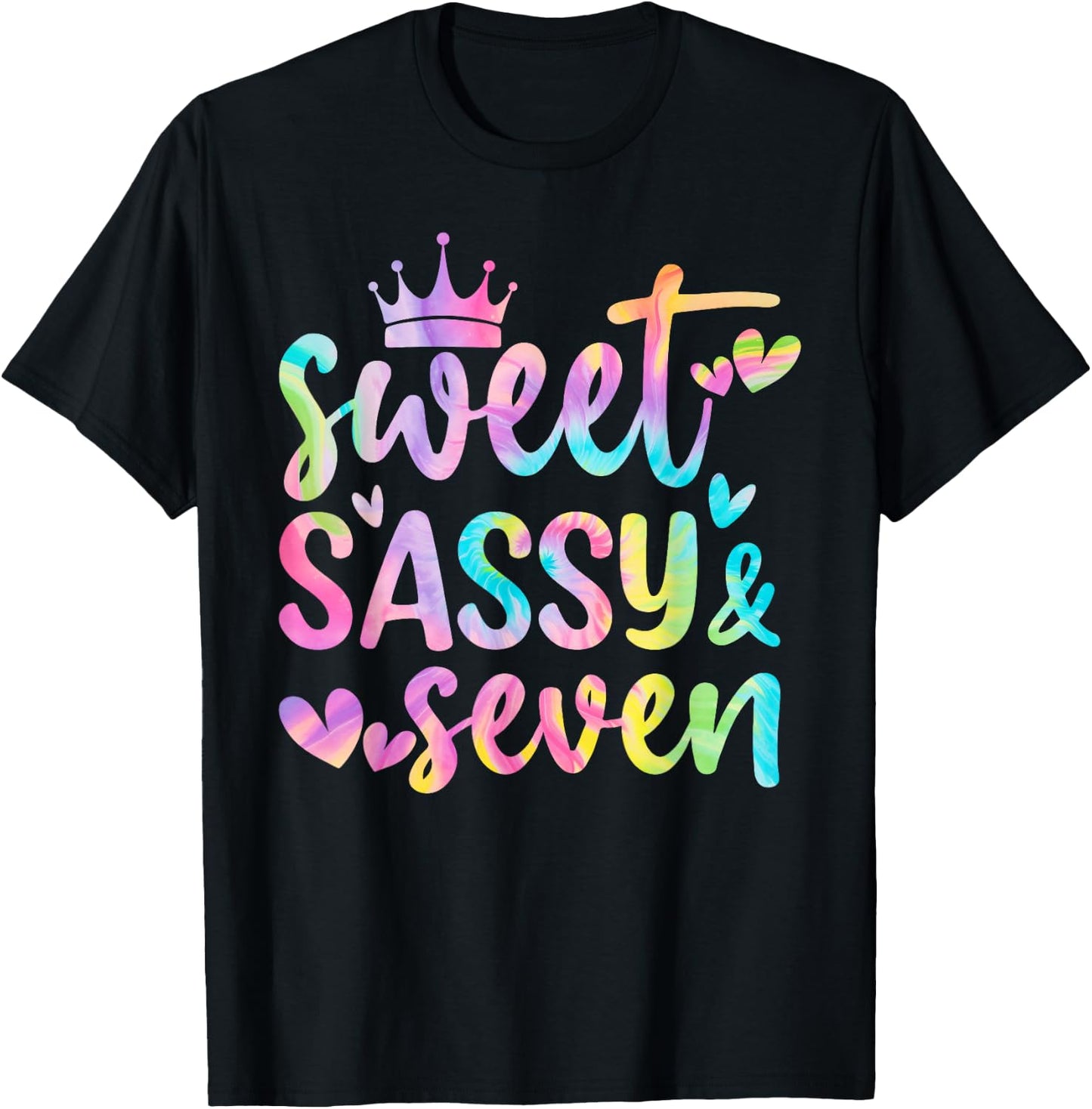 Sweet Sassy and Seven Girls Birthday Tie Dye 7 Year Old Kids T-Shirt - T-Shirt | Black