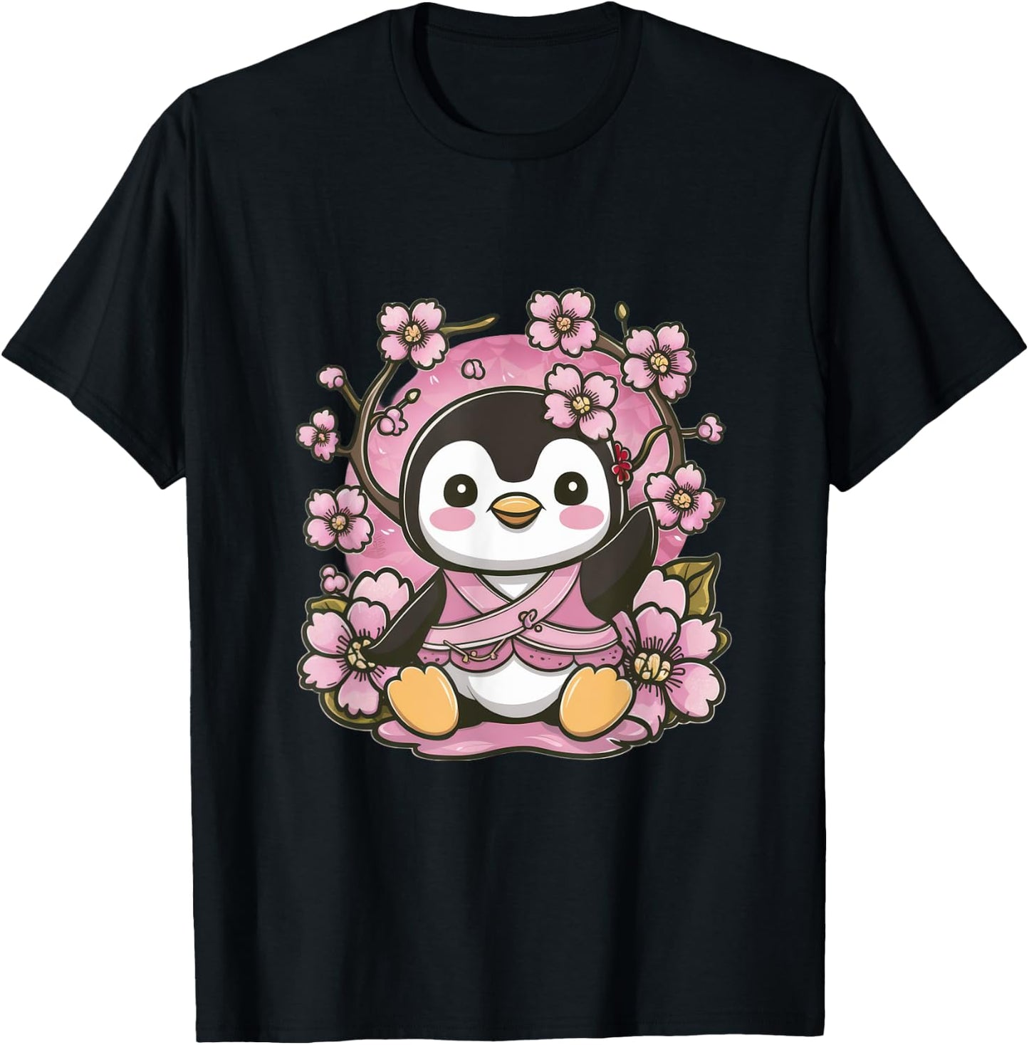 Cute kawaii penguin with cherries and sakura cherry blossoms T-Shirt - T-Shirt | Black