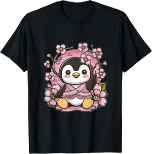 Cute kawaii penguin with cherries and sakura cherry blossoms T-Shirt - T-Shirt | Black