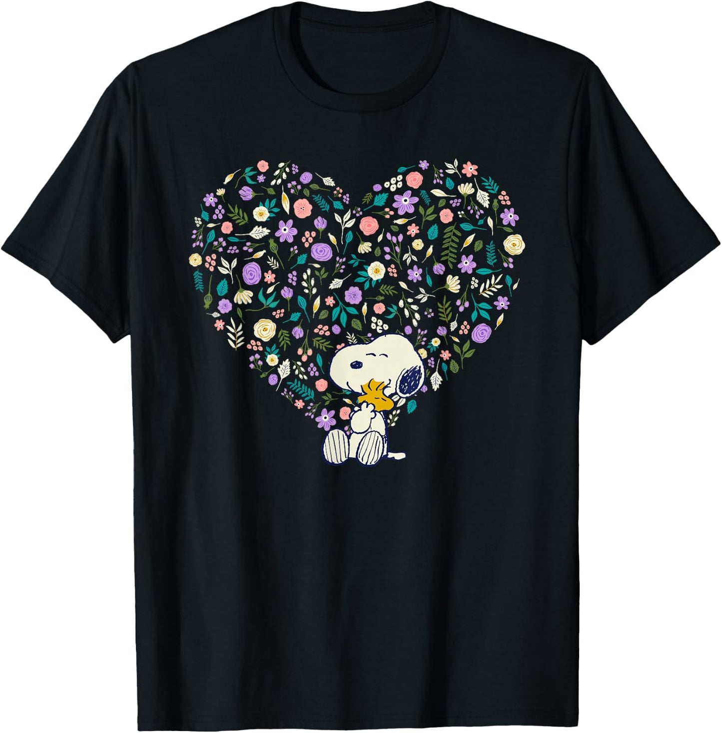 Peanuts Snoopy & Woodstock Hug Heart Floral T-Shirt - T-Shirt | Black