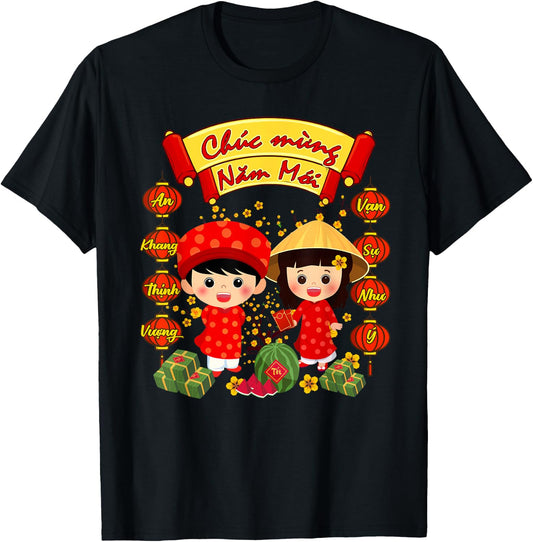 Chuc Mung NAM Moi Boy Girl Ao Dai Vietnamese TET Li Xi Me T-Shirt - T-Shirt | Black