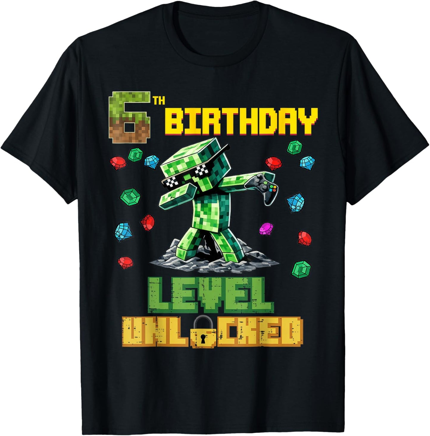 6th Birthday Level Unlocked Pixel Dab 6 Bday Gamer Boys Kids T-Shirt - T-Shirt | Black