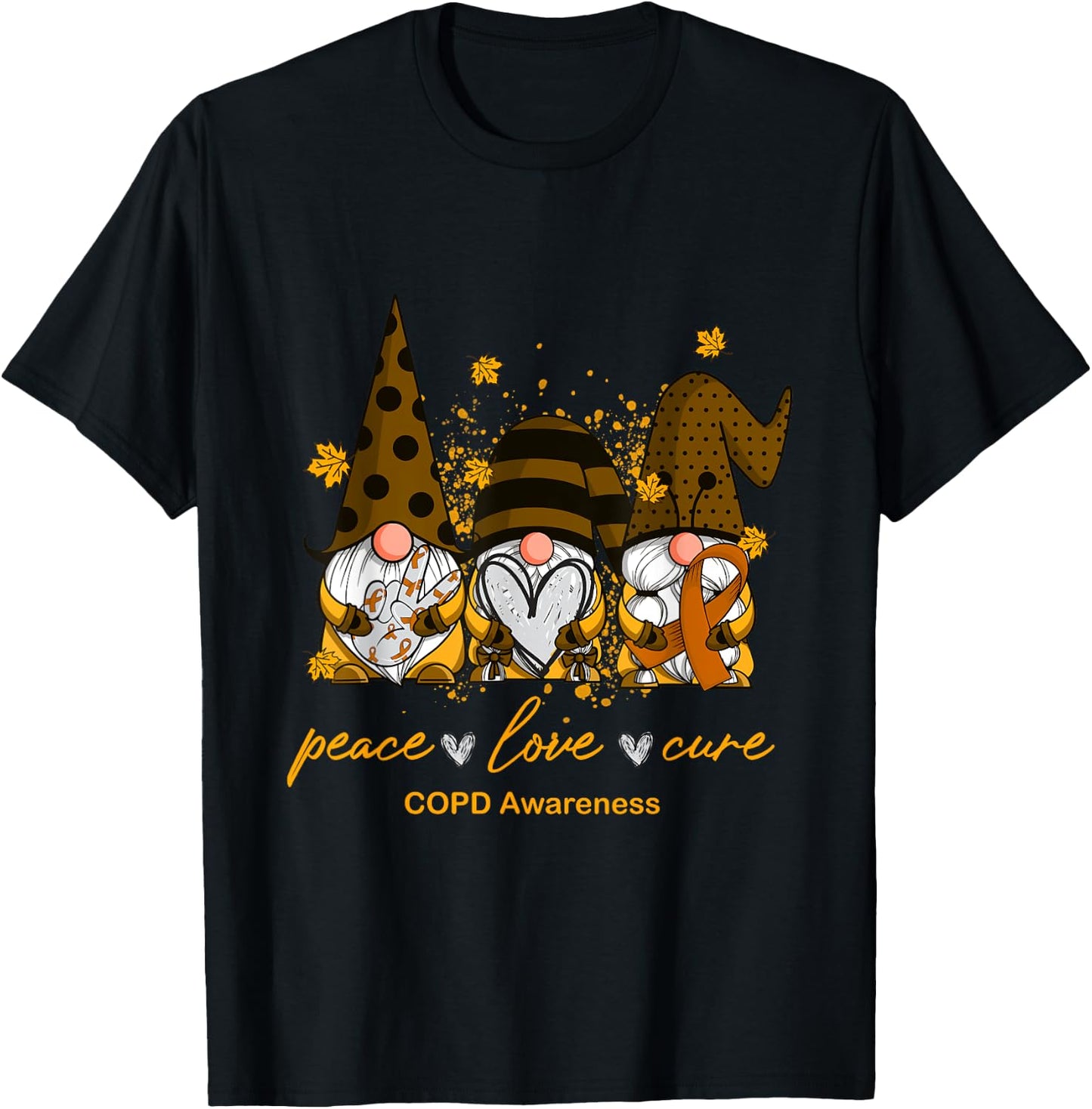 Peace Love Cure Three Gnomes Orange Ribbon COPD Awareness T-Shirt - T-Shirt | Black